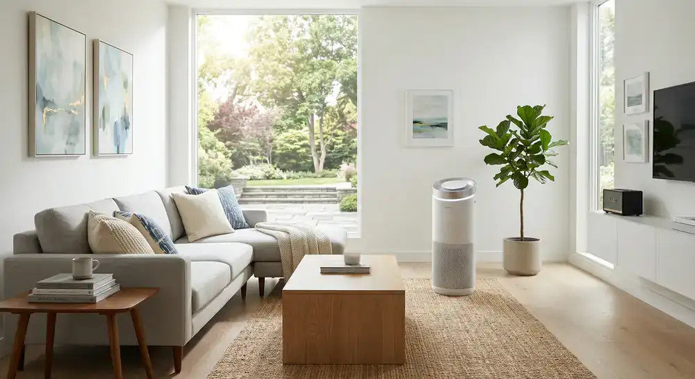 Helles, modernes Wohnzimmer mit einem stilvollen Ulvostry Luftreiniger