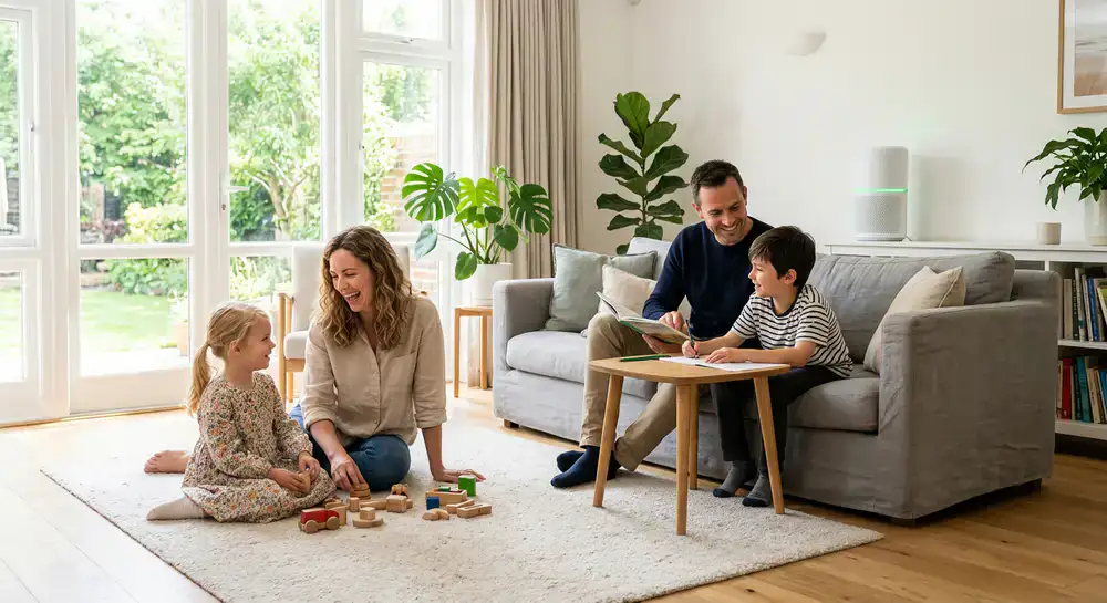Familie genießt gesunde Raumluft in ihrem Zuhause