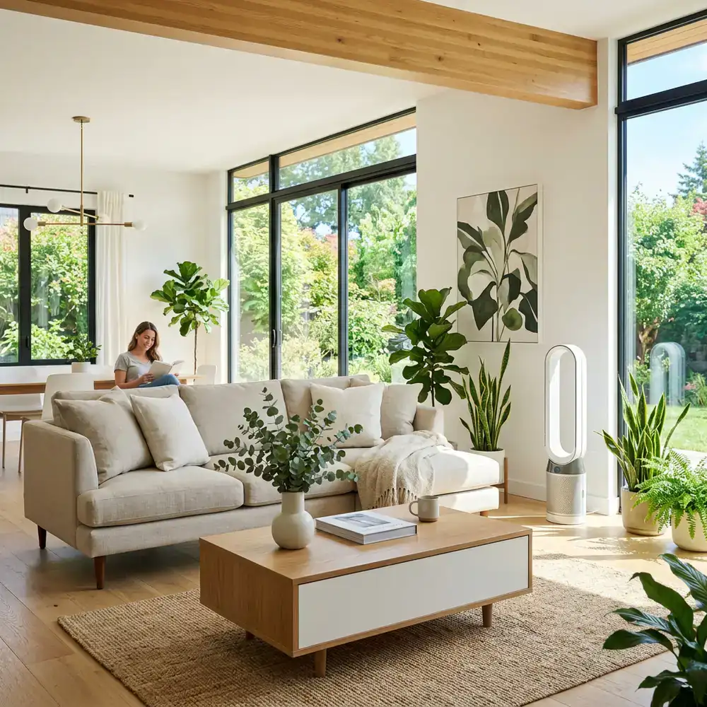 Helles, modernes Wohnzimmer mit sauberer Raumluft