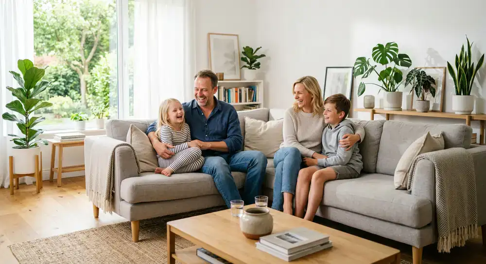 Familie genießt saubere Luft im Wohnzimmer